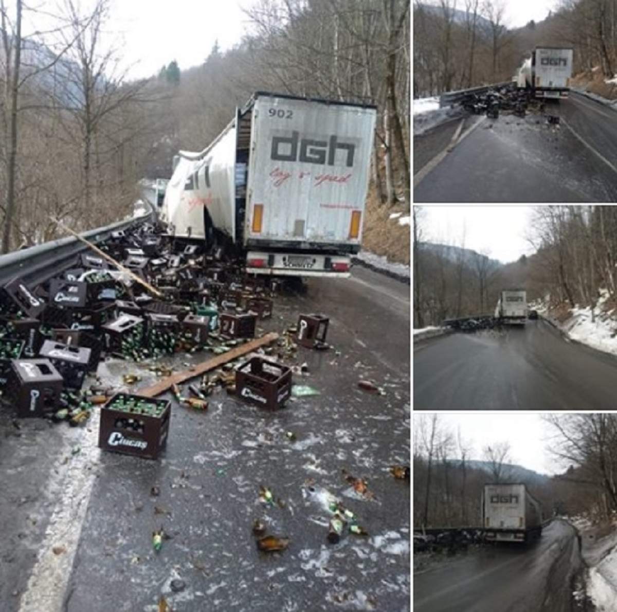 FOTO / Tone de bere pierdute pe DN 1A! Şoferul unui TIR a lovit un parapet metalic