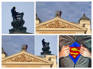 FOTO / Îmbrăcat într-un costum de Superman, un bărbat se confundă cu personajul! Ameninţă că se va arunca de pe Teatrul Naţional din Iaşi