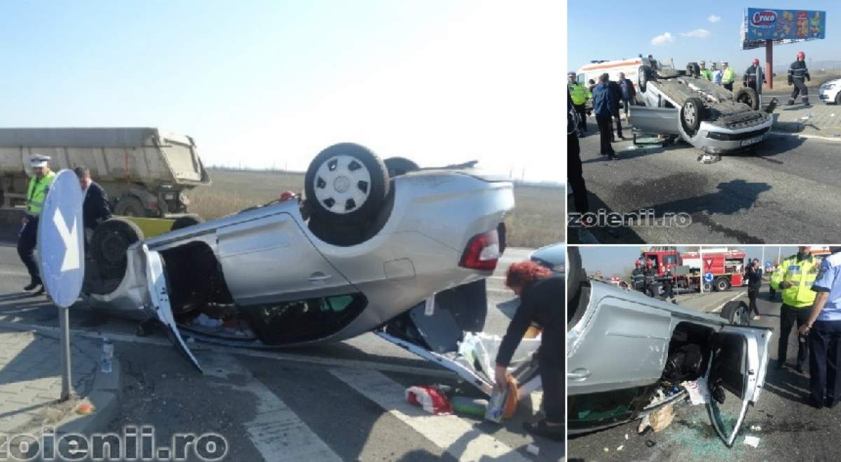 A intrat în parapet şi a răsturnat maşina! Accident grav în Buzău, produs de o şoferiţă