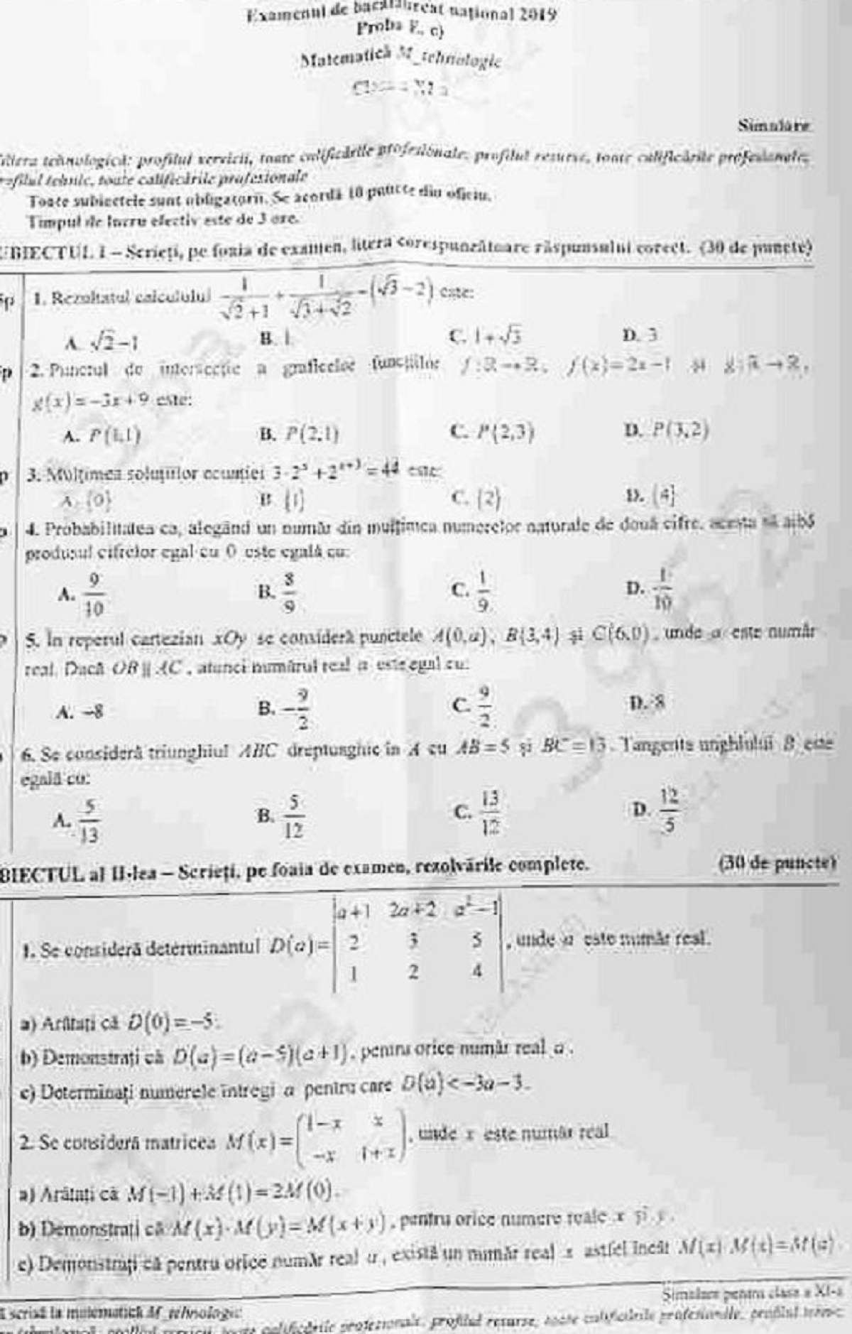 Barem și rezolvare pentru subiectele de la matematică. Simulare Bacalaureat 2019