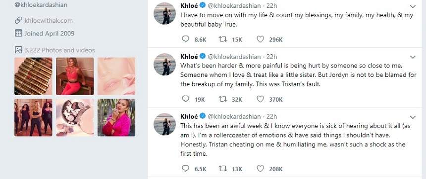 Declarația uimitoare a lui Khloe Kardashian: ”Nu Jordyn este de vină pentru destrămarea familiei, ci Tristian”