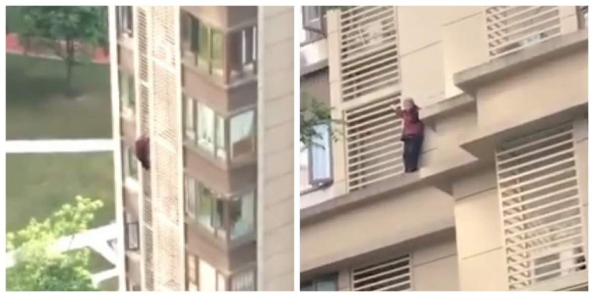 O bătrână cu Alzheimer a coborât de la etajul 14, pe exteriorul blocului. Familia o închisese în casă. VIDEO