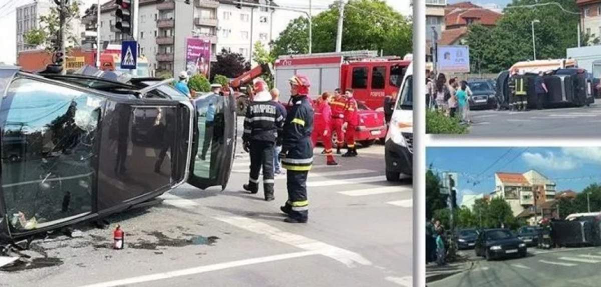 Impact puternic între două mașini, în Timișoara! Un autoturism în care se aflau și copii s-a răsturnat