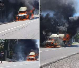 Un microbuz a fost cuprins de flăcări pe un drum din Bihor. Totul a fost filmat / VIDEO
