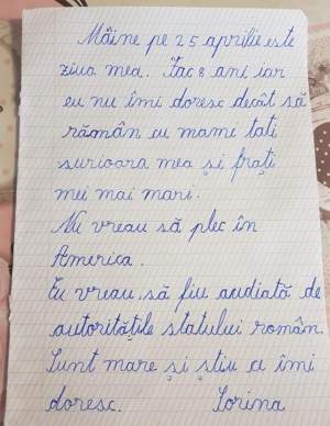 Scrisoarea emoţionantă a fetiţei din Baia de Aramă, transmisă autorităţilor din România. "Nu vreau să plec în America"