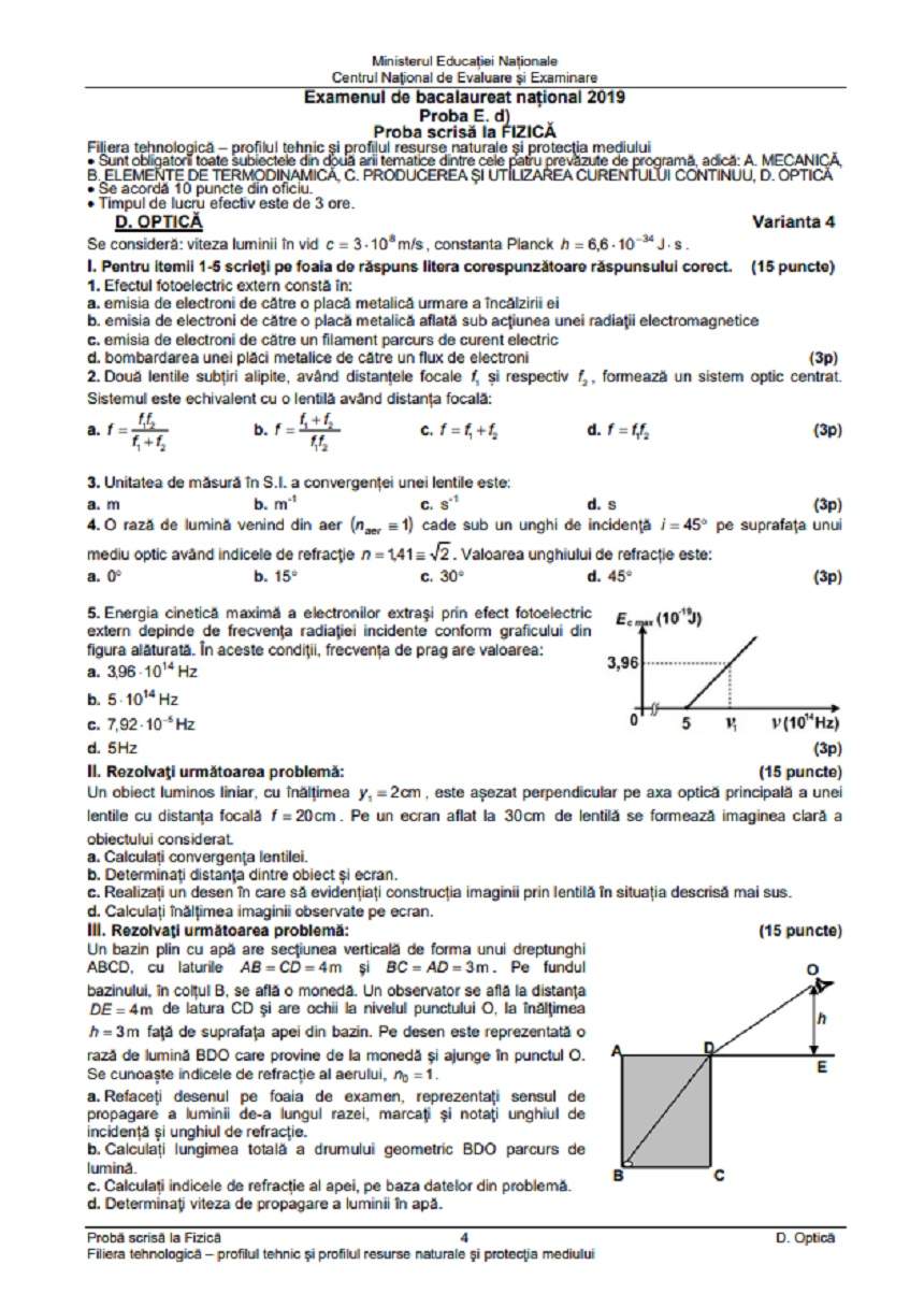Bacalaureat 2019. Ce subiecte au picat la Fizică. FOTO