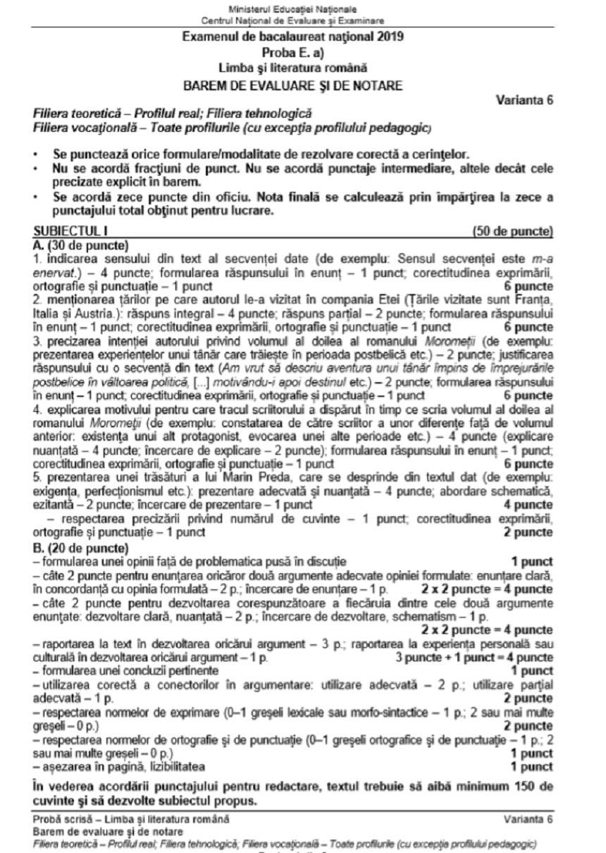 Subiecte și Barem Română, Bacalaureat 2019, sesiunea toamnă. Elevii au susținut azi proba scrisă