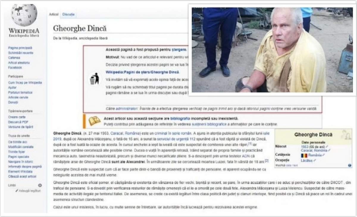Gheorghe Dincă, "criminal român în serie" pe Wikipedia