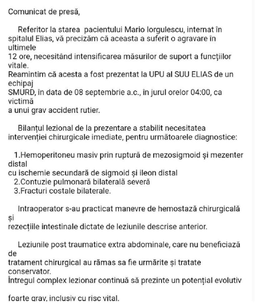 Starea de sănătate a lui Mario Iorgulescu s-a agravat! Informaţii de ultimă oră de la spital