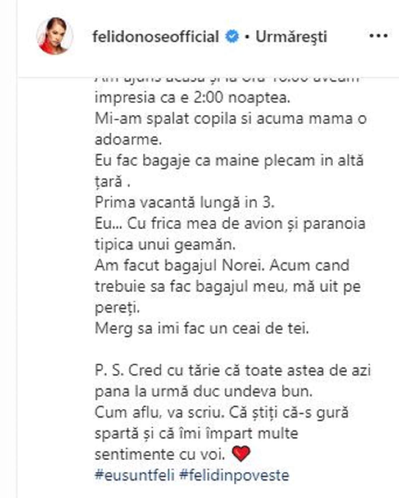 Feli le-a împărtăşit fanilor un mesaj tulburător: "Atunci când iubești suferi și tu cot la cot cu cel lovit-iubit"