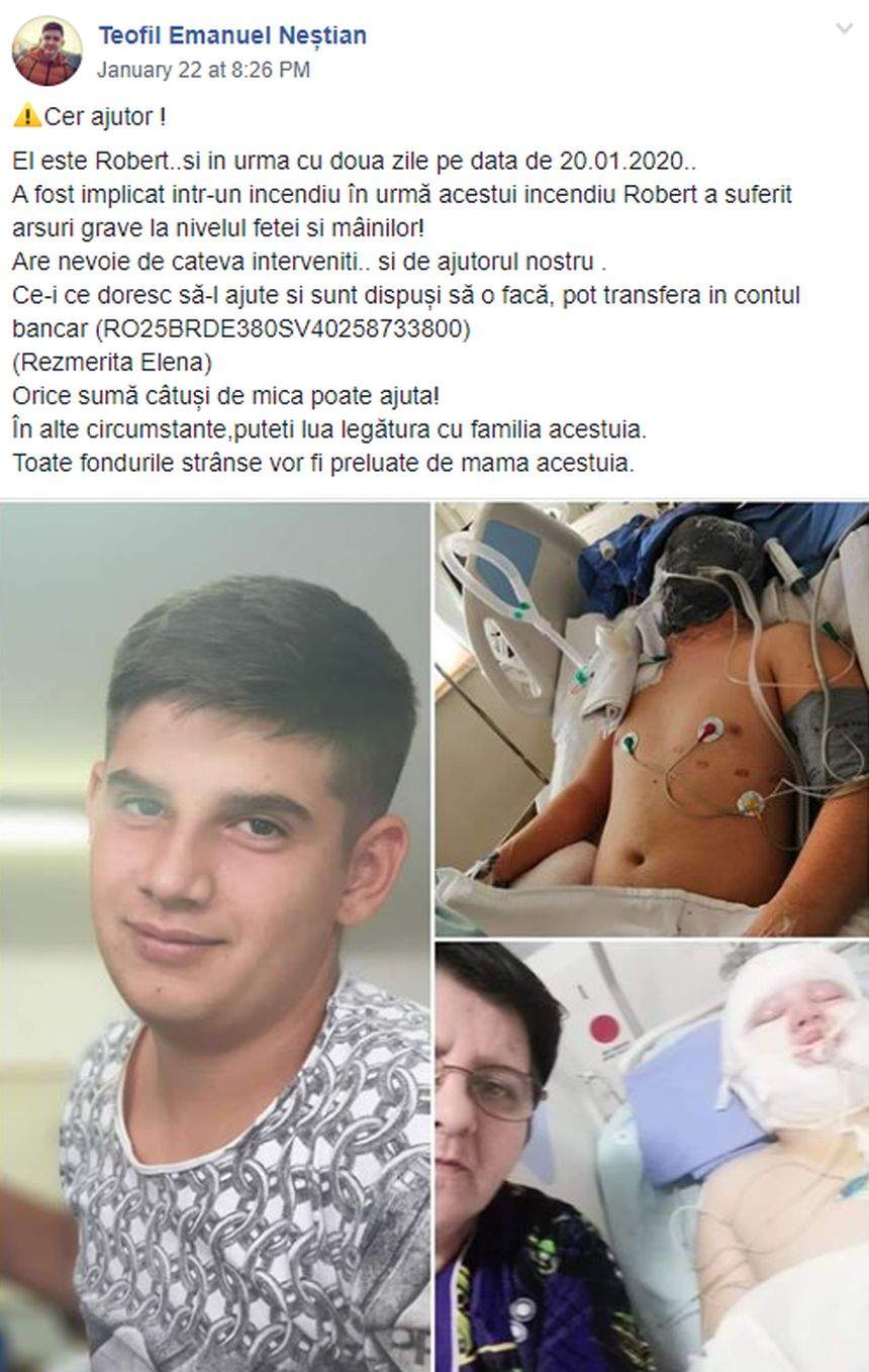 Apel cutremurător lansat pe internet. Robert are nevoie de ajutor ca să trăiască, după ce a fost victima unei explozii devastatoare