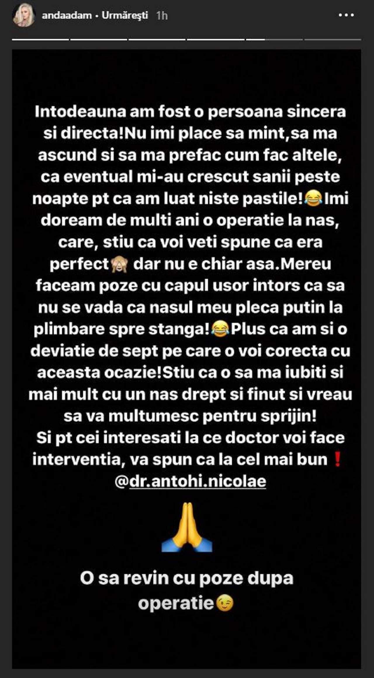 Anda Adam, o nouă operaţie estetică. "Îmi doream de mulţi ani..."