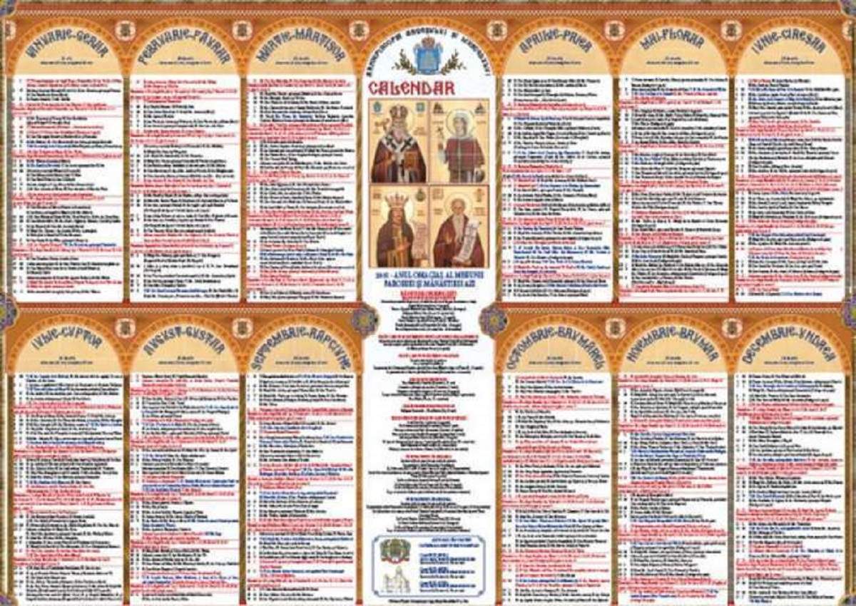 Calendarul ortodox. În mijloc este o imagine cu mai mulți sfinți.