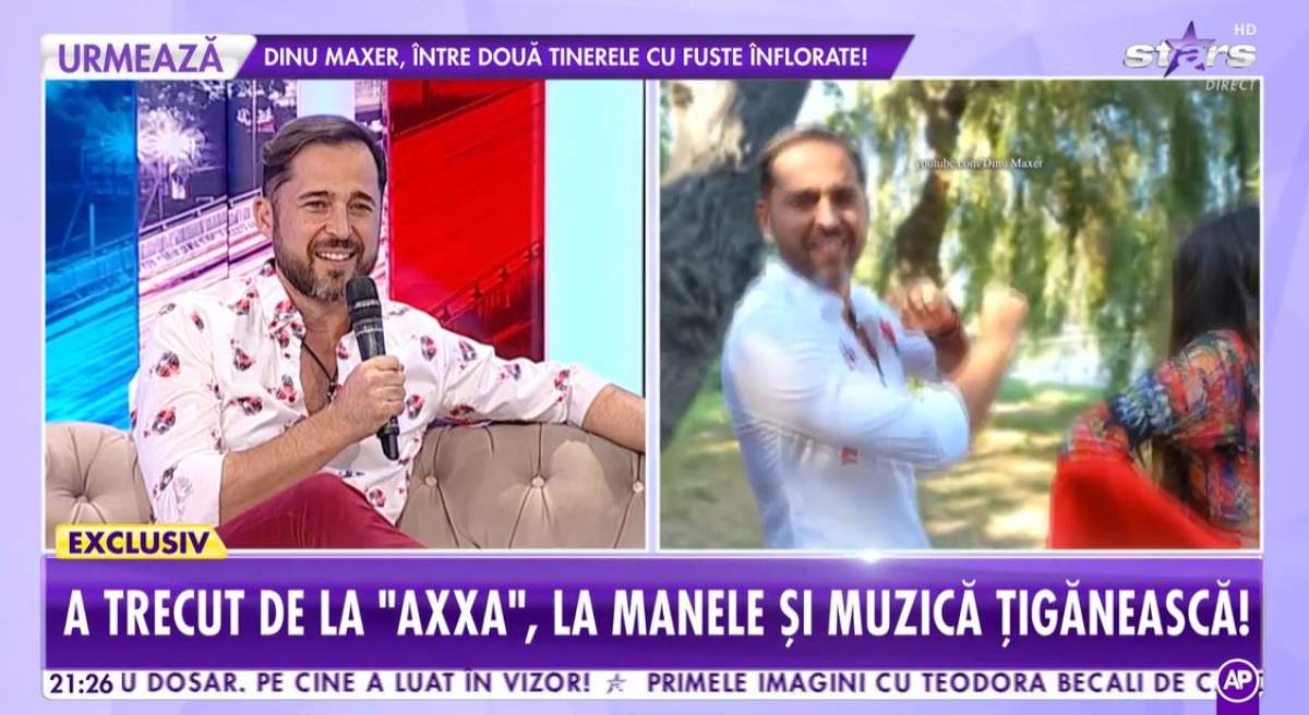 Captură video cu Dinu Maxer în platou la ”Showbiz Report”.