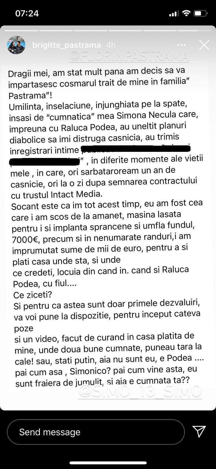 Captură cu postarea făcută de Brigitte la adresa cumnatei sale.