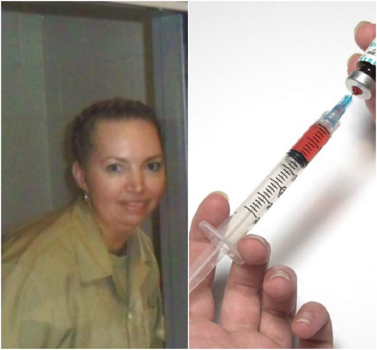 Colaj cu Lisa Mongomery, fotografie din penitenciar și o injecție, urmând să fie ucisă astfel