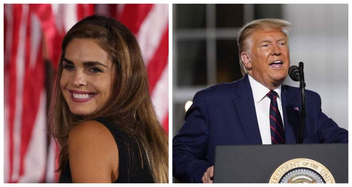 In stanga este fotografia lui Hope Hicks, zambeste larg si poarta o rochie fara maneci neagra, iar in dreapta este Donald Trump care vorbeste la microfon