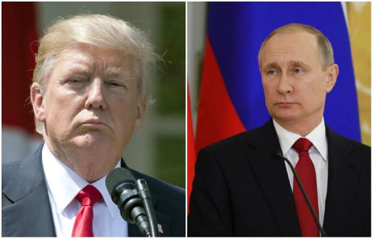 In stanga este fotografia lui Donald Trump, se uita incruntat, in dreapta este Vladimir Putin la o conferinta de presa