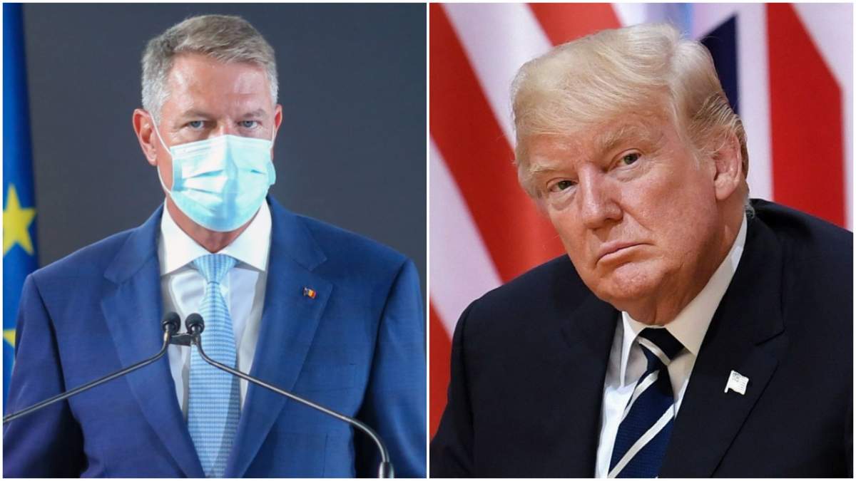 Klaus Iohannis vorbește pe podium, Donald Trump serios în fața unui steag american