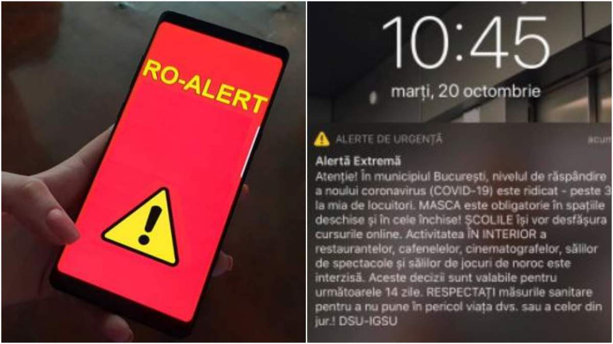 Colaj cu RO-ALERT și mesajul emis de RO-ALERT.