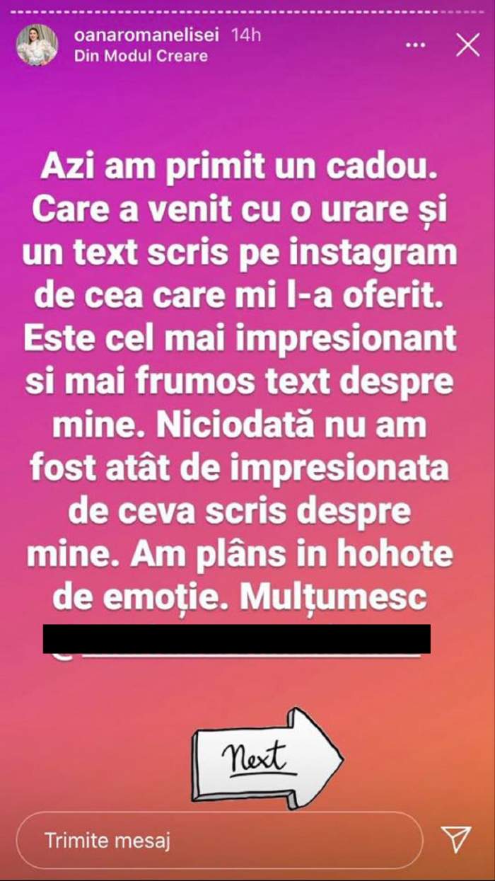 Mesajul Oanei Roman postat pe Instagram