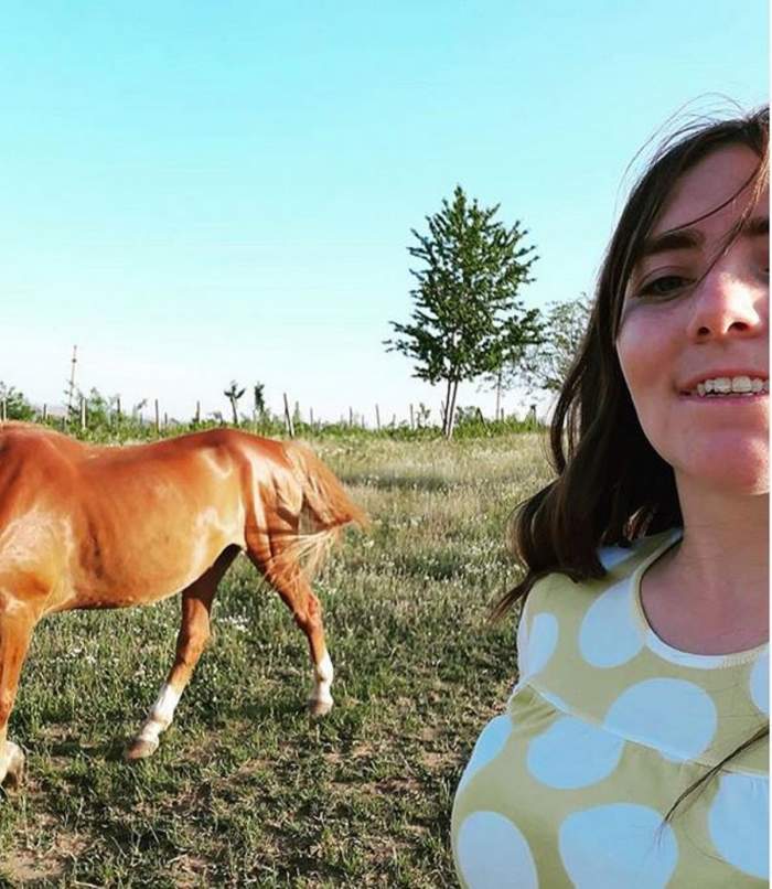 Vulpița se află pe câmp. În spatele ei se vede un cal.