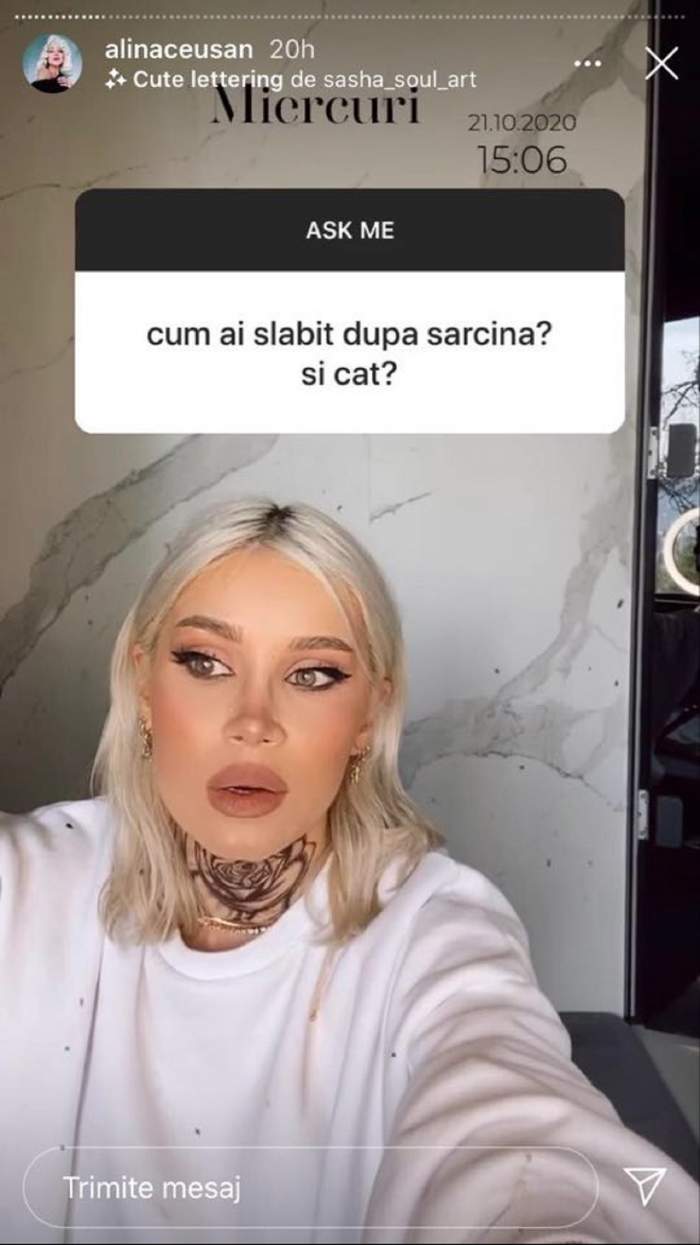 Alina Ceușan le răspunde fanilor pe Instagram. Vedeta poartă o bluză albă.