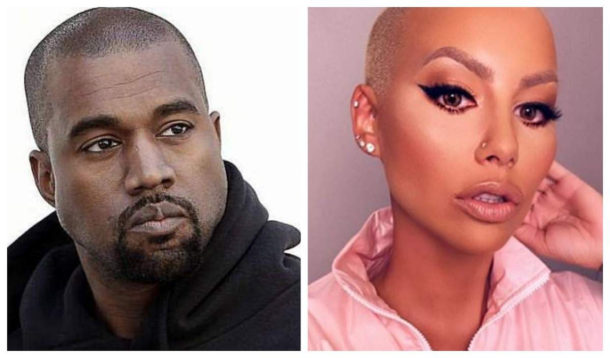 În stanga este Kanye West, in dreapta Amber Rose imbracata cu o bluza roz si machiata strident