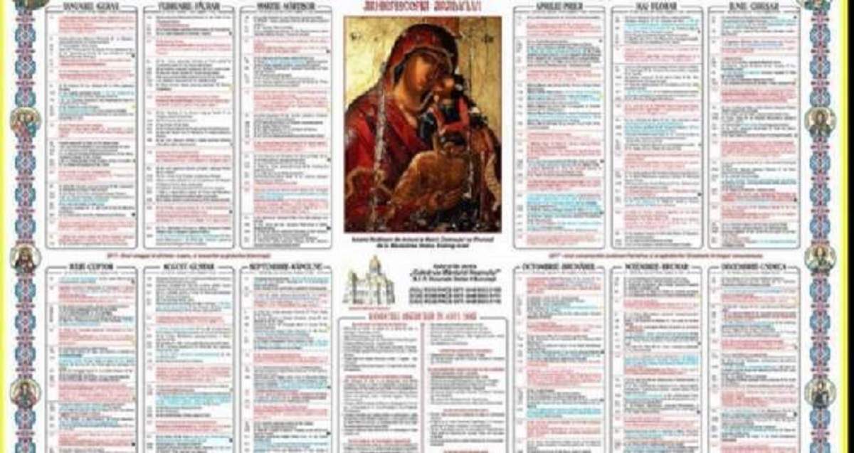 Calendarul ortodox. În mijloc este o imagine cu Maica Domnului și Iisus Hristos.