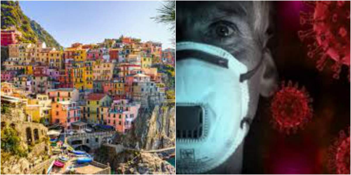Colaj foto cu o imagine din Italia și un bărbat care poartă mască