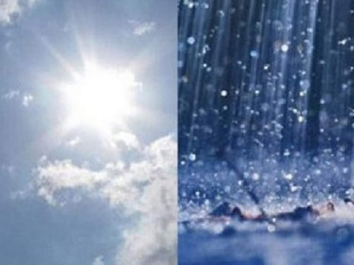 Colaj foto în care apare o imagine cu soarele strălucitor de pe cer, iar în cealaltă se evidențează o ploaie torențială