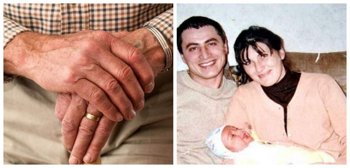 Colaj cu mâinile unui bătrân și Elodia și Cristian Cioacă.