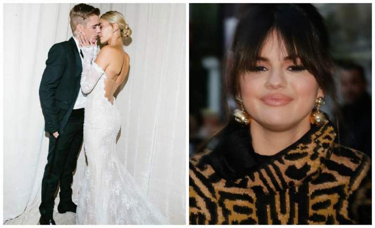 Justin Bieber si Hailey Baldwin in stanga, Selena Gomez in dreapta