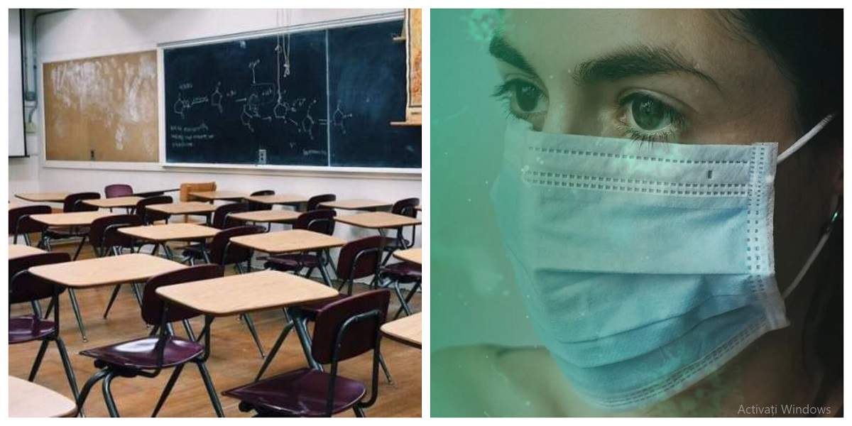 Sala de clasă și o tânără care poartă mască de protecție