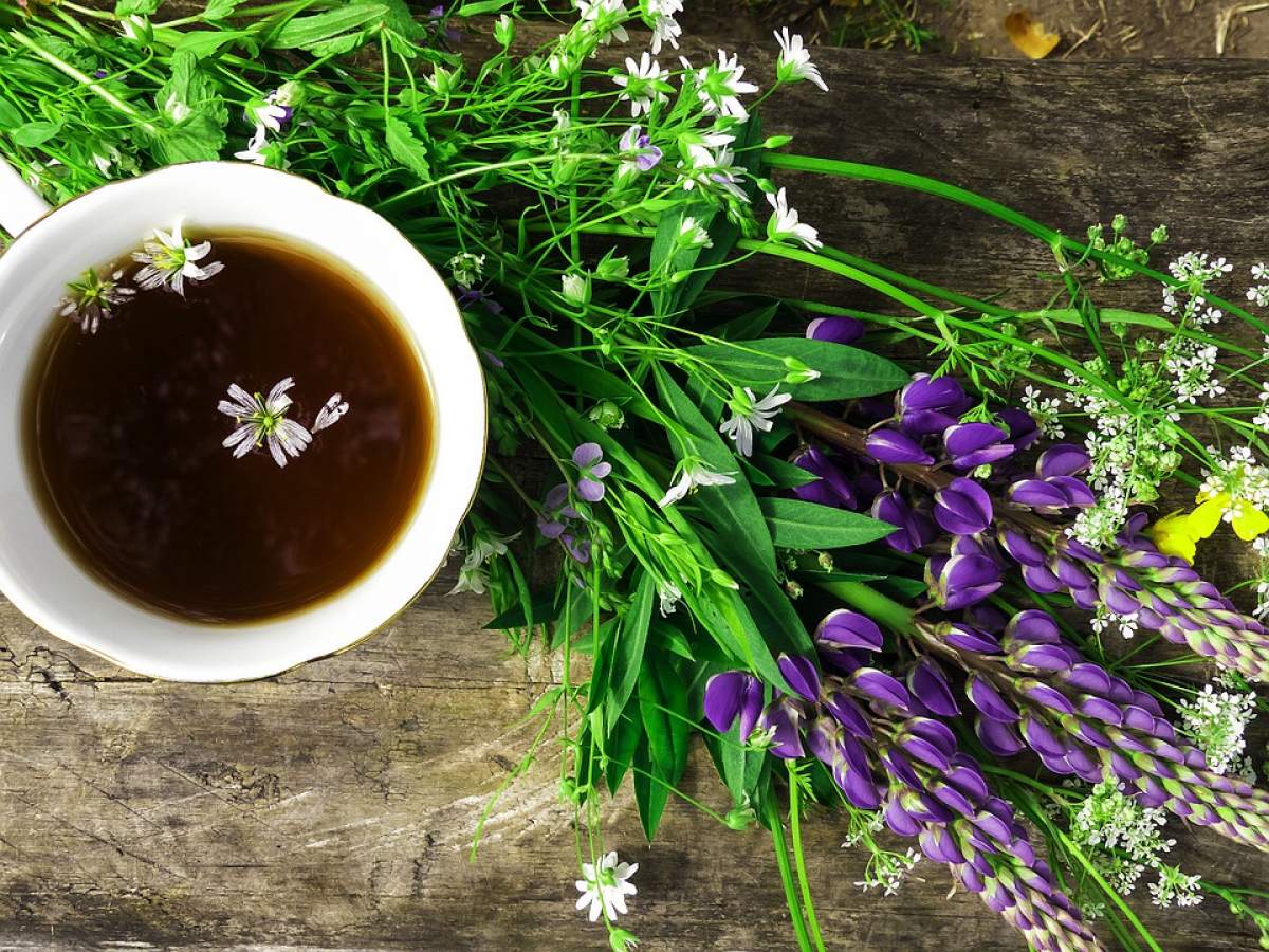 Ceașcă de ceai pe masă cu flori sălbatice