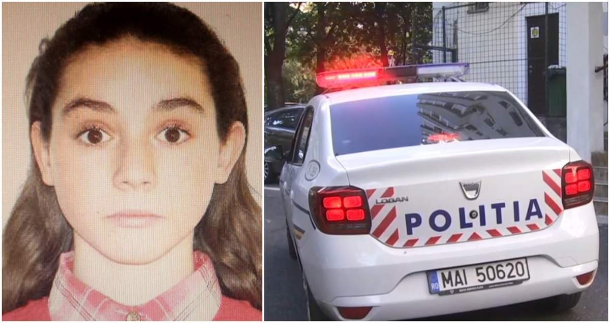 O fotografie cu Ionela, minora de 15 ani dispărută de acasă și una cu o mașină de Poliție.