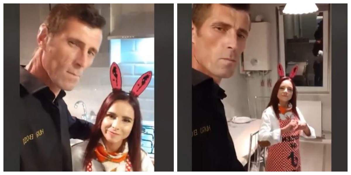 Alexandra și Ionuț Bodi se află în bucătărie. Ea poartă o cămașă albă și șorț roșu, iar el cămașă neagră