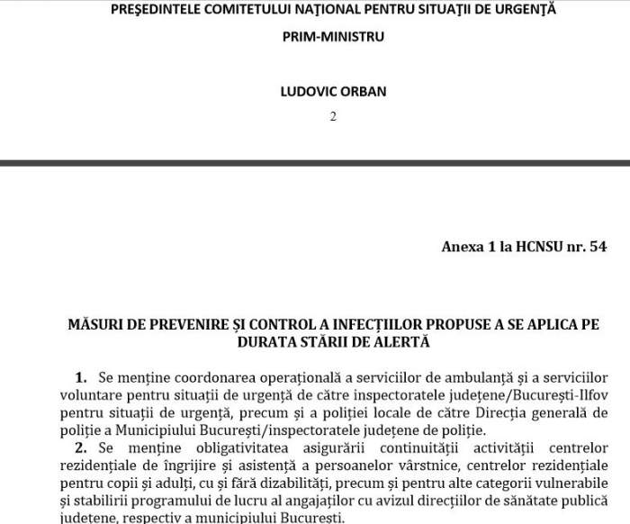 Starea de alertă se prelungește cu încă 30 de zile. Care sunt noile măsuri impuse. Document oficial