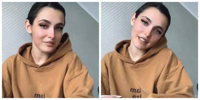 Alexia Eram poartă un hanorac de culoare maro deschis. Vedeta are părul prins în coc și le spune fanilor despre cum se recuperează după operație.