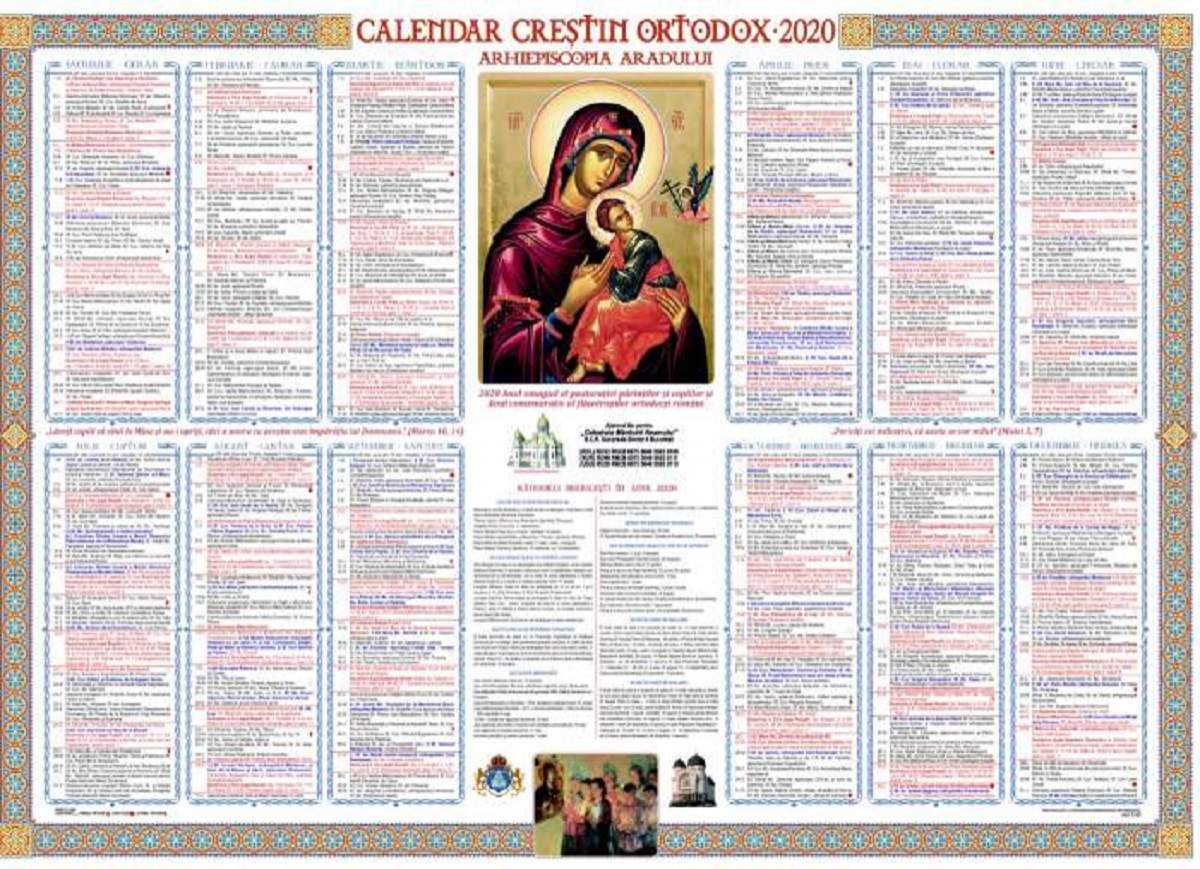 Calendarul ortodox. În mijloc este o imagine cu Maica Domnului și Iisus Hristos.