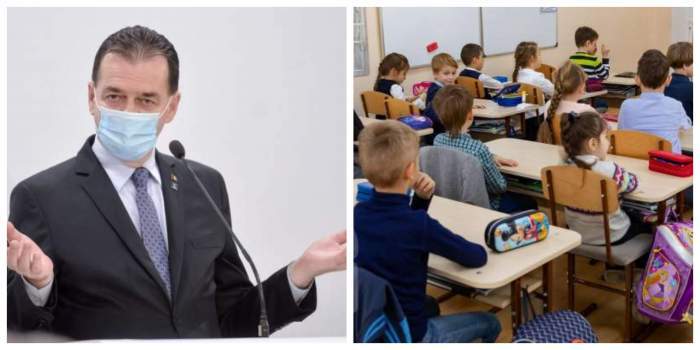 Colaj foto cu Ludovic Orban și o sală de clasă cu elevi