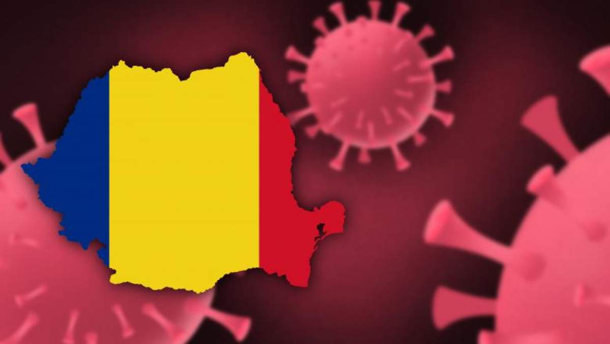 Harta României  pe un fundal cu o reprezentare a coronavirusului