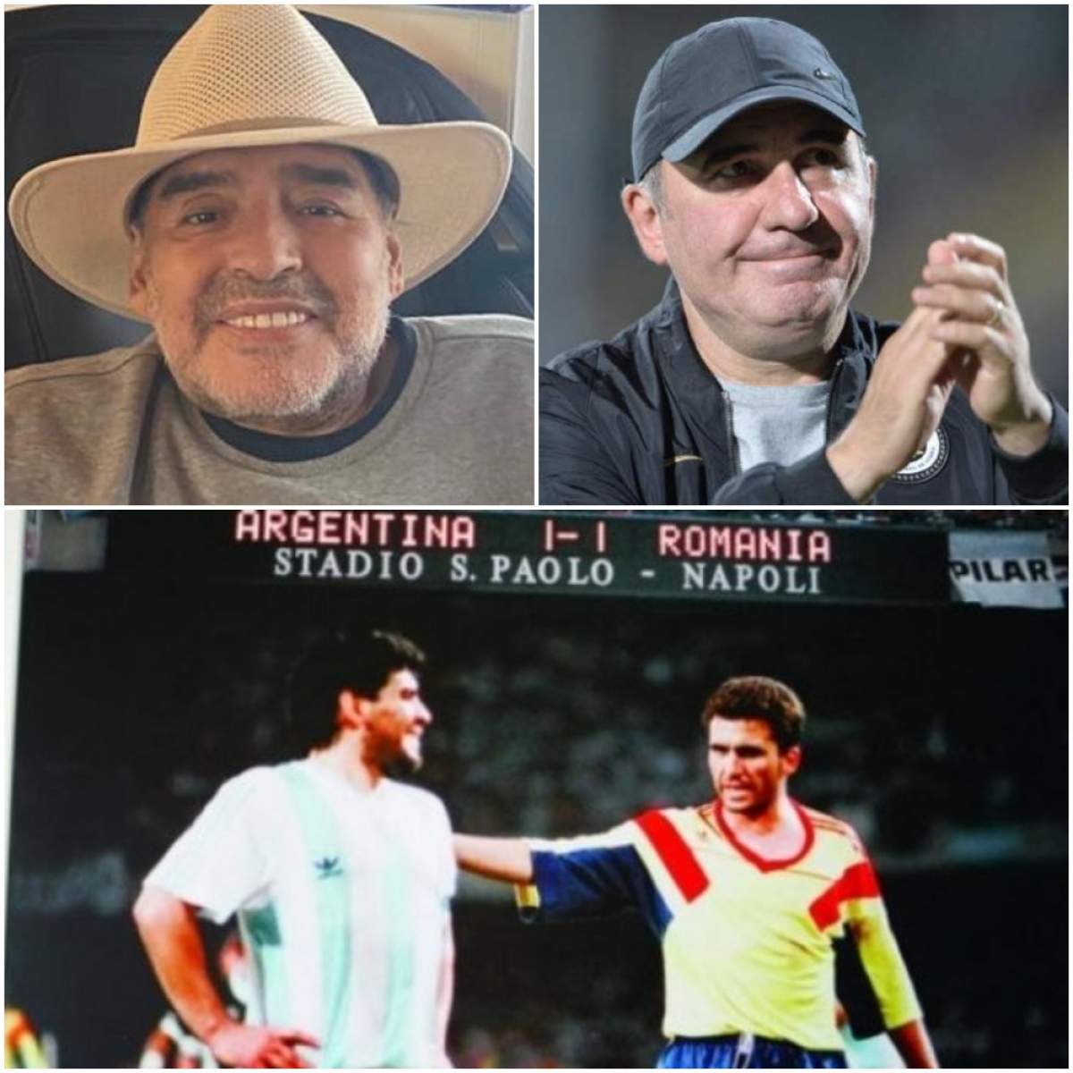 Colaj cu Hagi în timp ce aplauda, Maradona pe vremea în care traia și Hagi și Maradona cand au jucat impreuna.