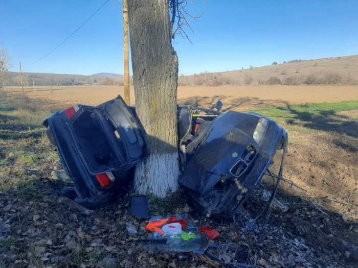 Mașina implicată în accidentul din județul Tulcea. Autoturismul e puternic avariat și încolăcit în jurul unui copac de la marginea drumului.