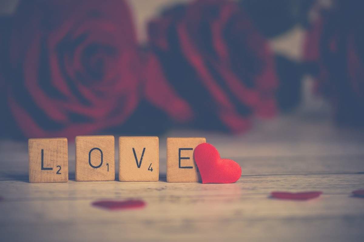 Imagine ce ilustrează iubirea, iar pe fundal apar doi trandafiri roșii