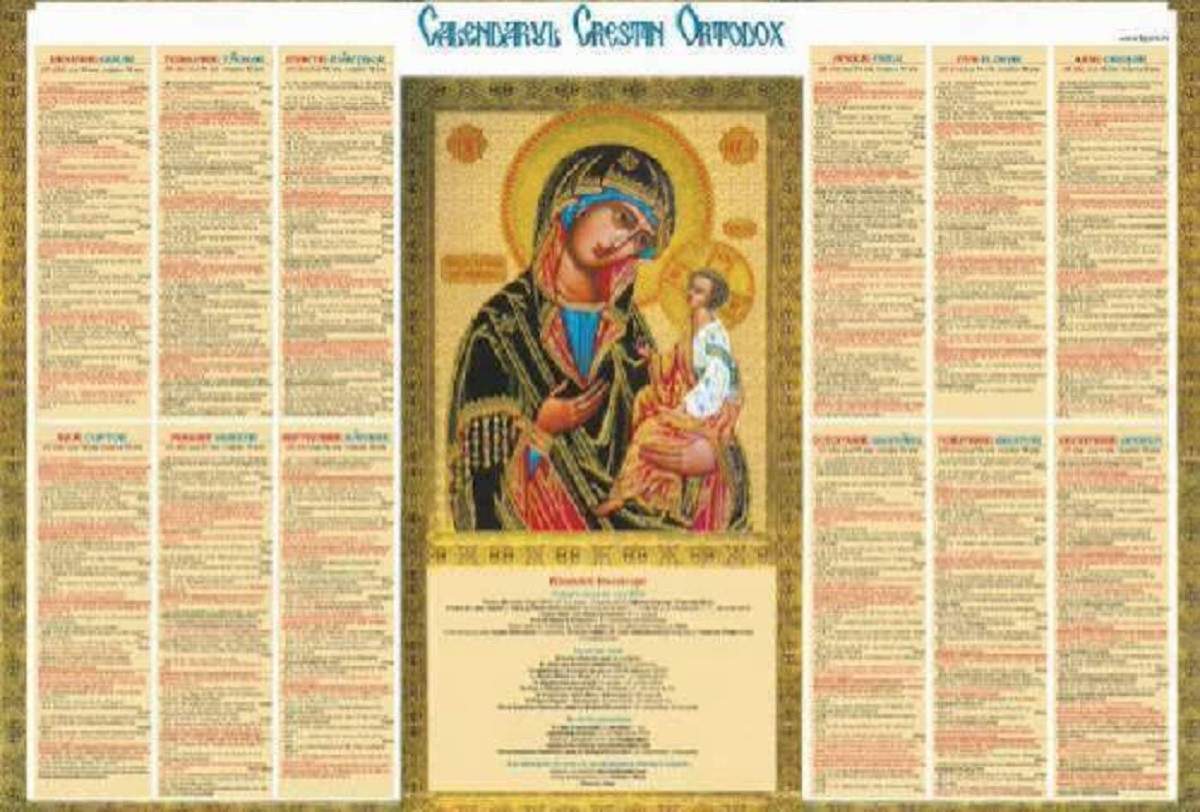 Calendarul ortodox. În mijloc este o imagine cu Maica Domnului și Iisus Hristos.