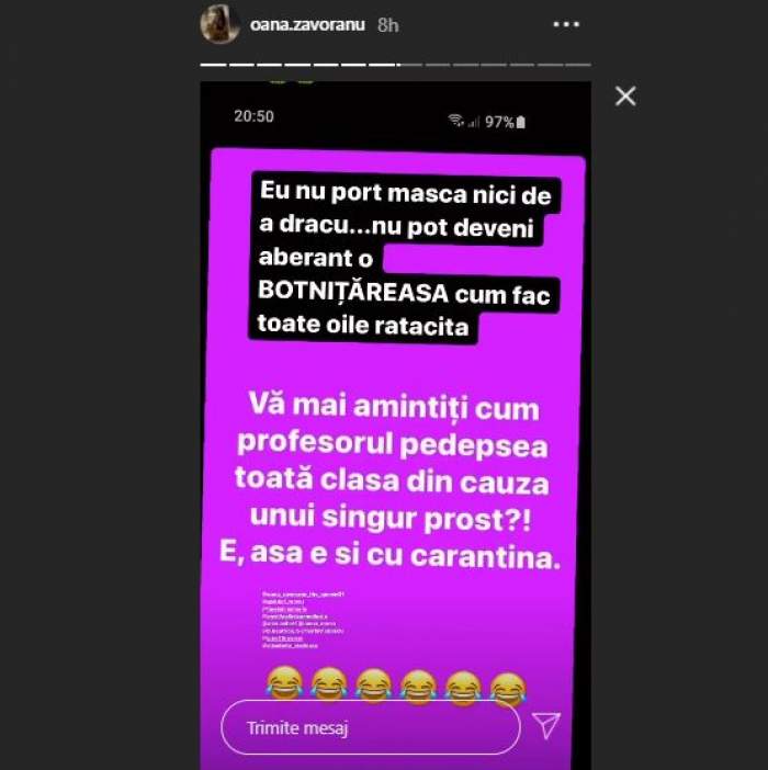 Mesajul postat de Oana pe Instagram!