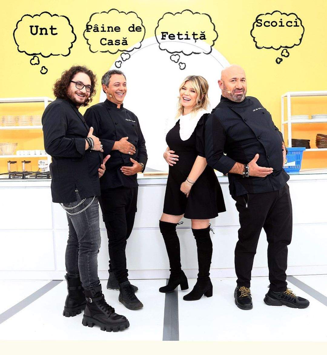 Gina Pistol și cei trei chefi și-au etalat burta, într-o fotografie cu mesaje amuzante