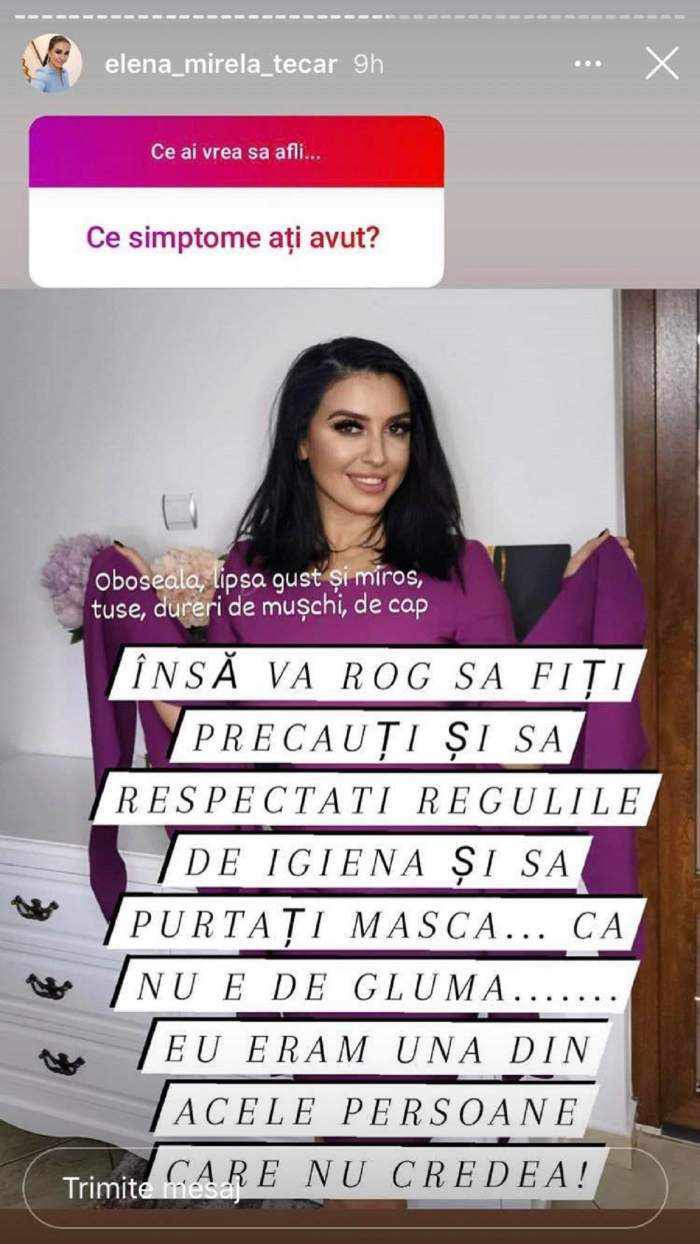 Mirela Banias le răspunde fanilor pe Instagram. Bruneta recunoaște că a avut coronavirus.