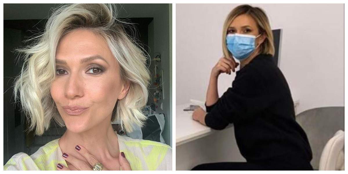 Un colaj cu Adela Popescu. În prima imagine e într-un selfie, iar în a doua la cabinetul medicului ginecolog.